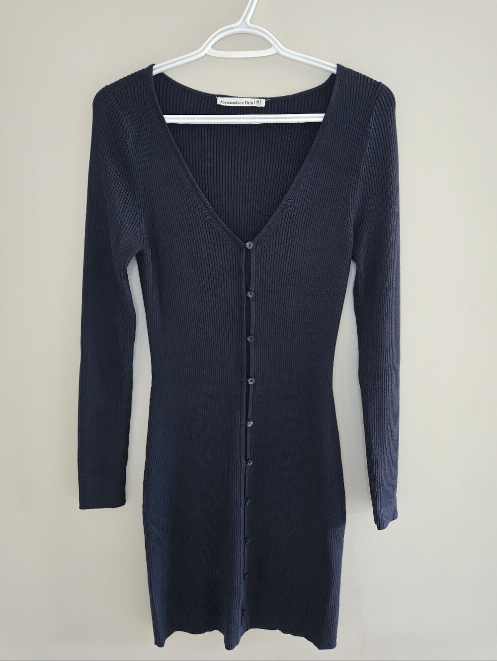 Abercrombie & Fitch ribbed faux button-front long-sleeve midi dress, navy, new